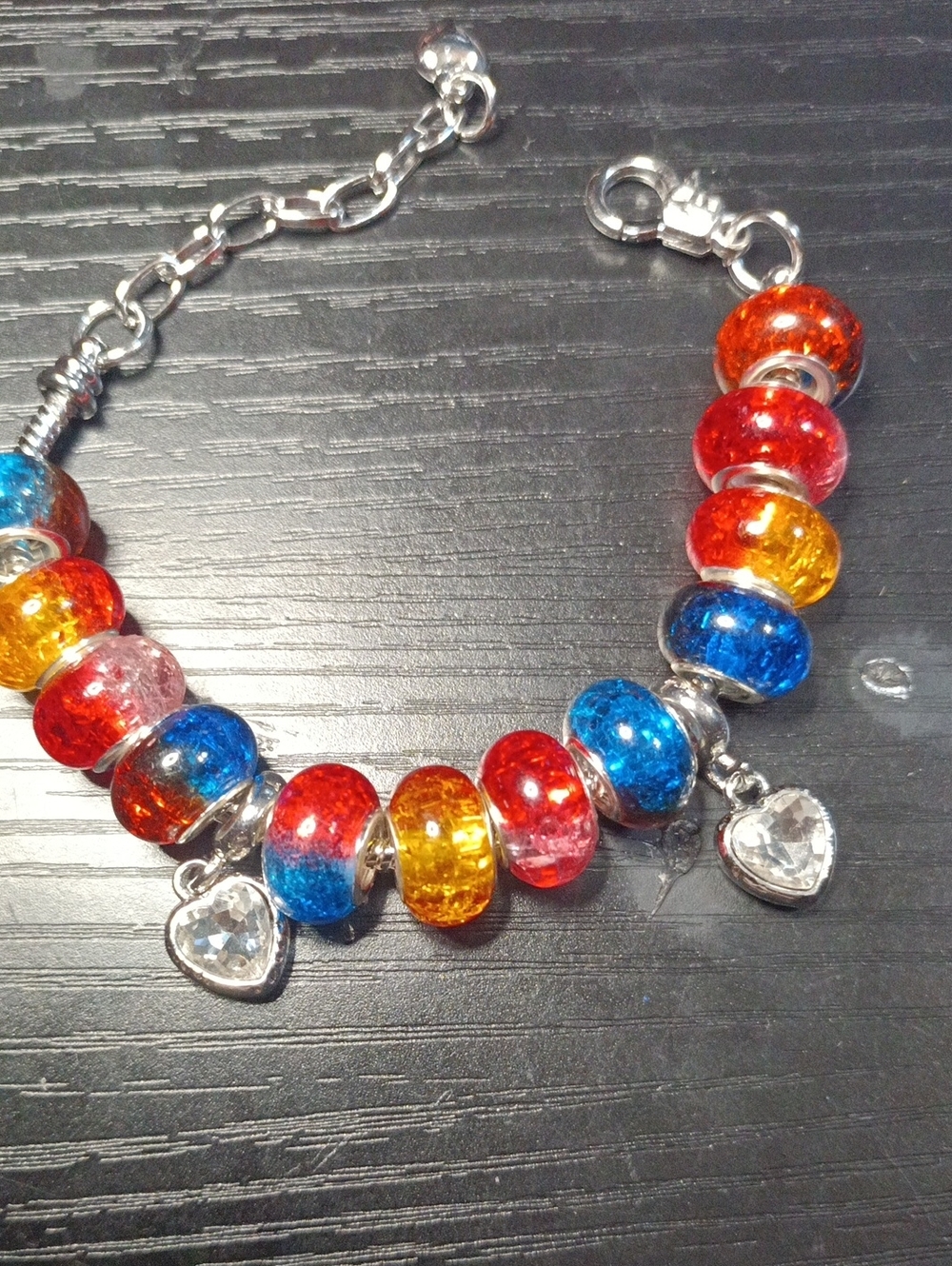 Handmade Stainless Steel Charm Bracelet with Red, Blue and Yellow Glass Beads